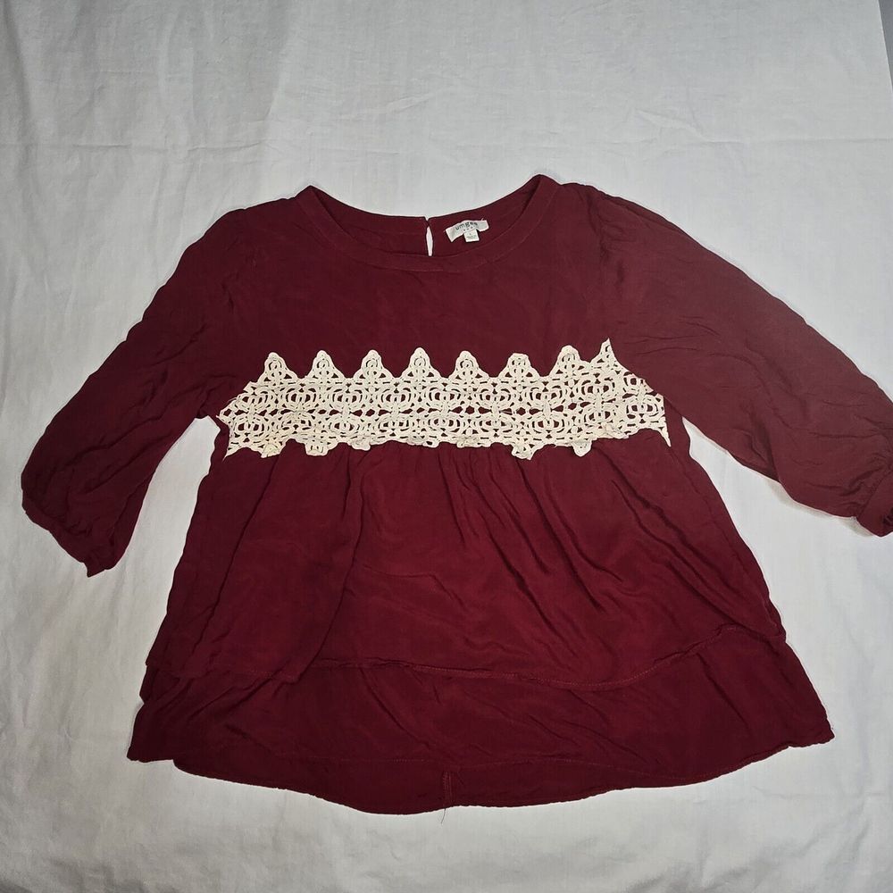 Umgee Womens 3/4 Sleeve Top Flowy Tiered Crop Crochet Accent Peasant Boho Size L